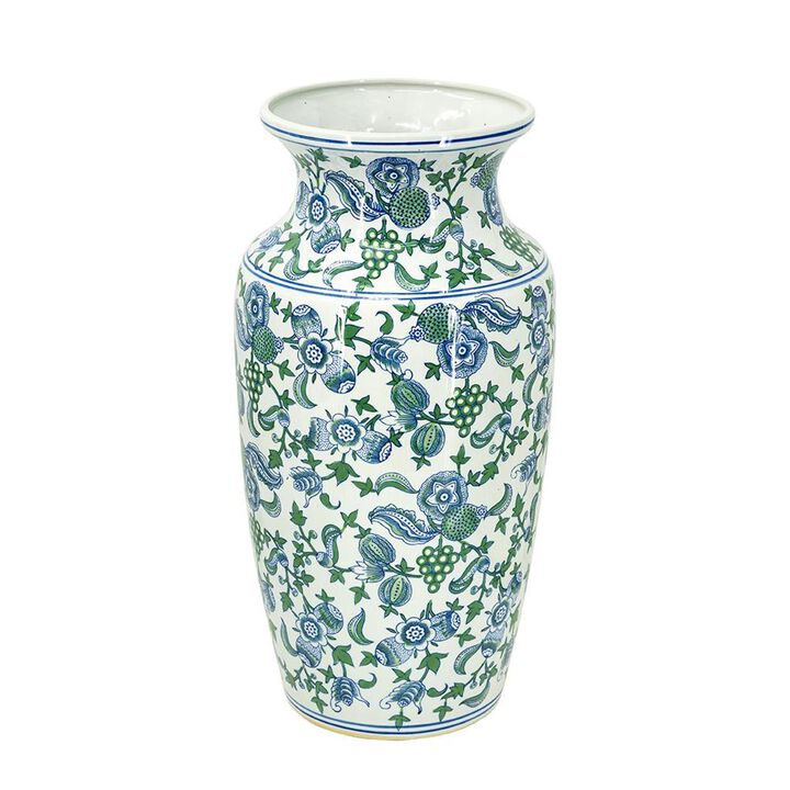 HomeRoots 24" White Blue And Green And White Chinoiserie Porcelain Table Vase
