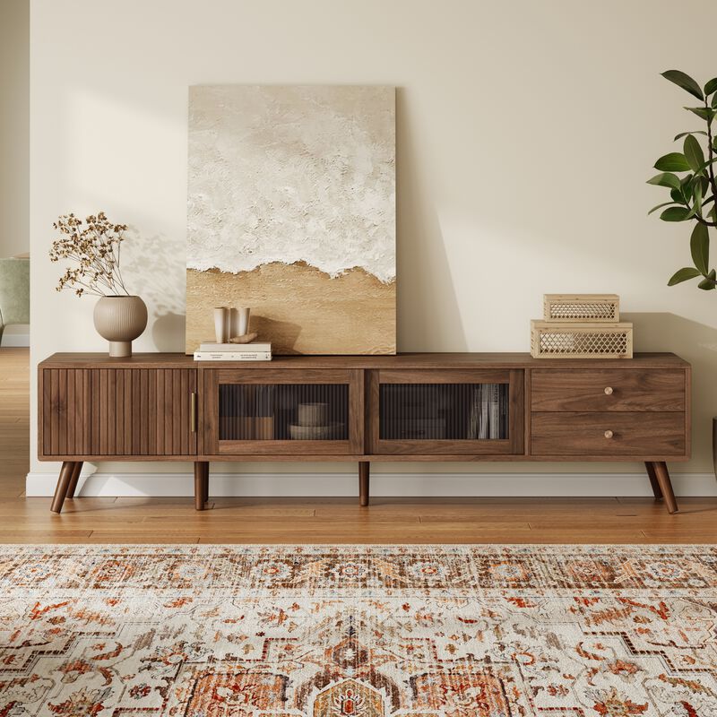 Merax TV Cabinet with Fluted Glass Drawers, Visible Storage, Family-Friendly Rounded Corners image number 2