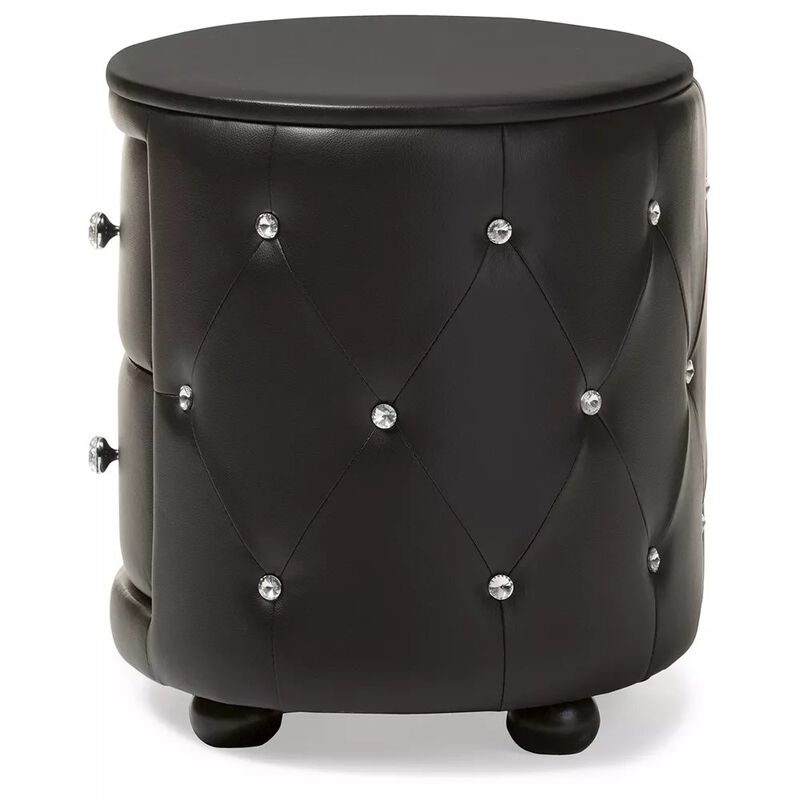 Baxton Studio Glamour Style Oval 2-Drawer Black Faux Leather Upholstered Nightstand