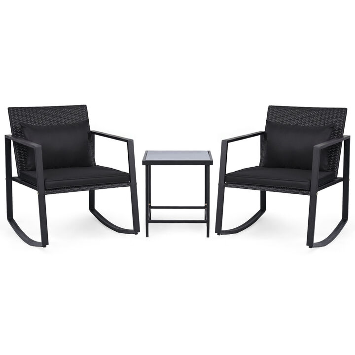 Patio Rocking Bistro Set 3-Piece with Cushions and Tempered Glass