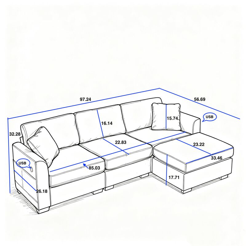 Bomzik Modern Storage Sectional Sofa with Dual USB image number 9