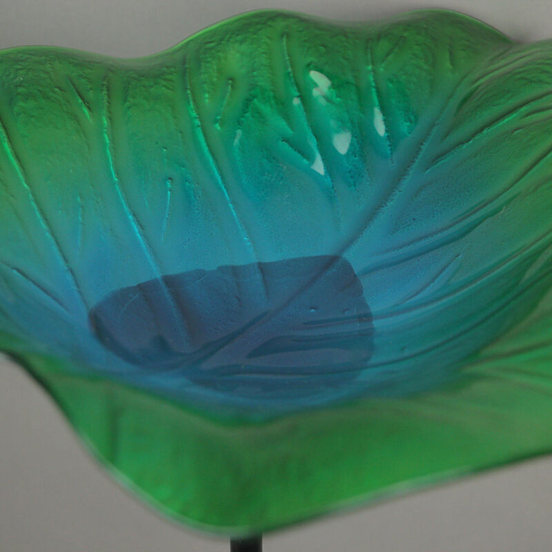 Set of 2 Green Blue Glass Leaf Bird Bath Garden Stakes Outdoor Home Yard Decor image number 2