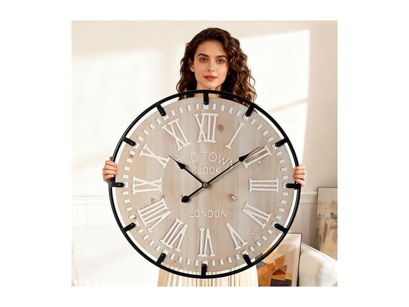 Farmhouse Metal Circle Wood Bedrooms Wall Clock 30 Inch Silent Battery Operated image number 1