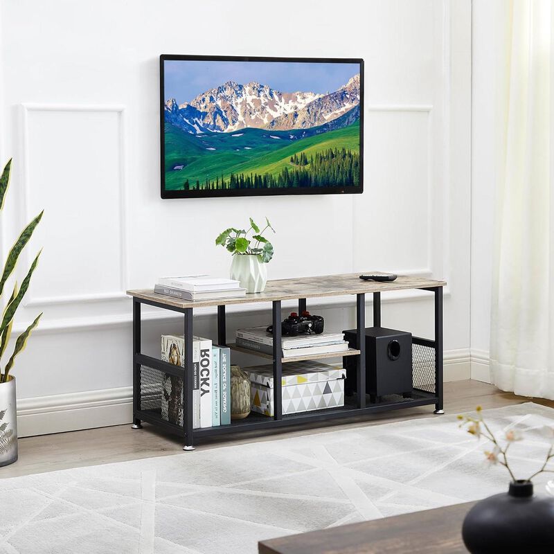 Modern Industrial TV Console with Metal Frame and Wood Storage Shelf