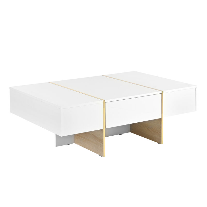 Clihome 47.2'' x 31.4''Minimalist High Gloss Coffee Table with 2 Drawers, Multi-Storage Rectangle Sofa Table with Golden Wood Grain Legs, Modern Center Table for Living Room