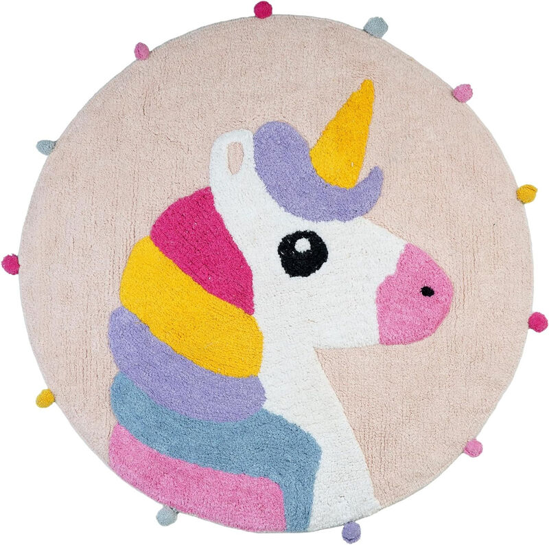 HomeRoots 32" Pink And Yellow Cotton Unicorns Round Youthful Bath Rug image number 2