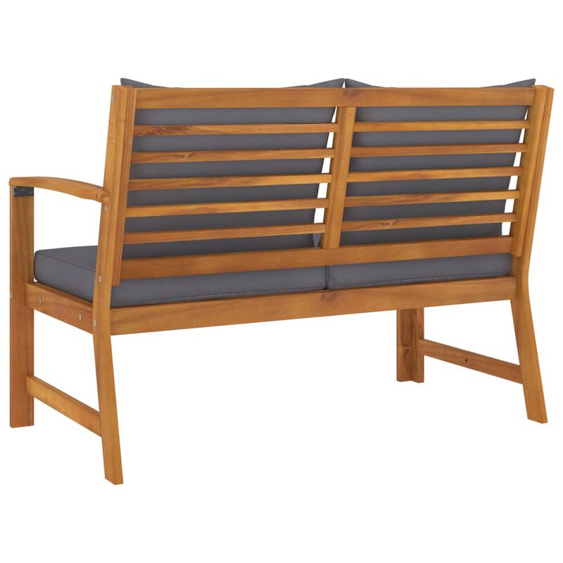 Outdoor Bench, Gray Fabric Cushions, Slatted Brown Solid Acacia Wood - Benzara
