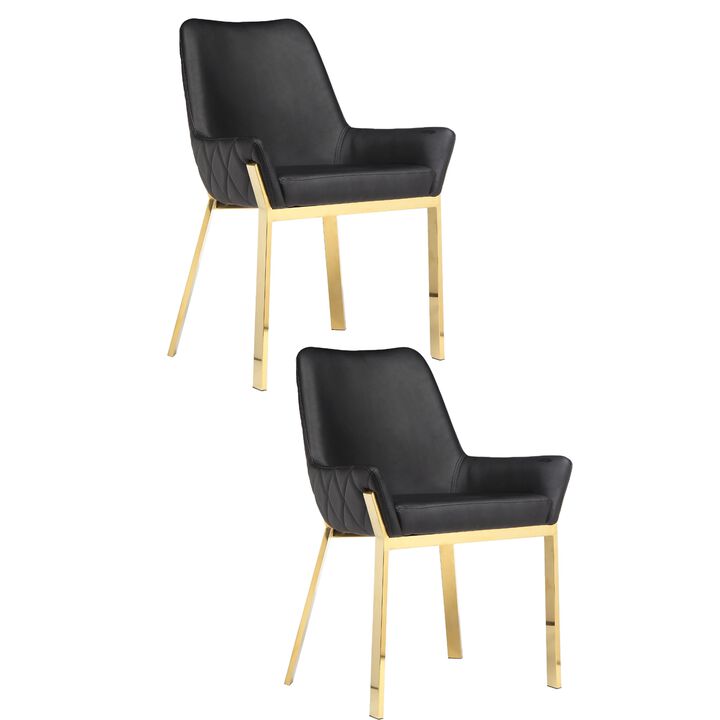 Fuma 23 Inch Dining Accent Chair Set of 2, Tufted, Black Faux Leather, Gold - Benzara
