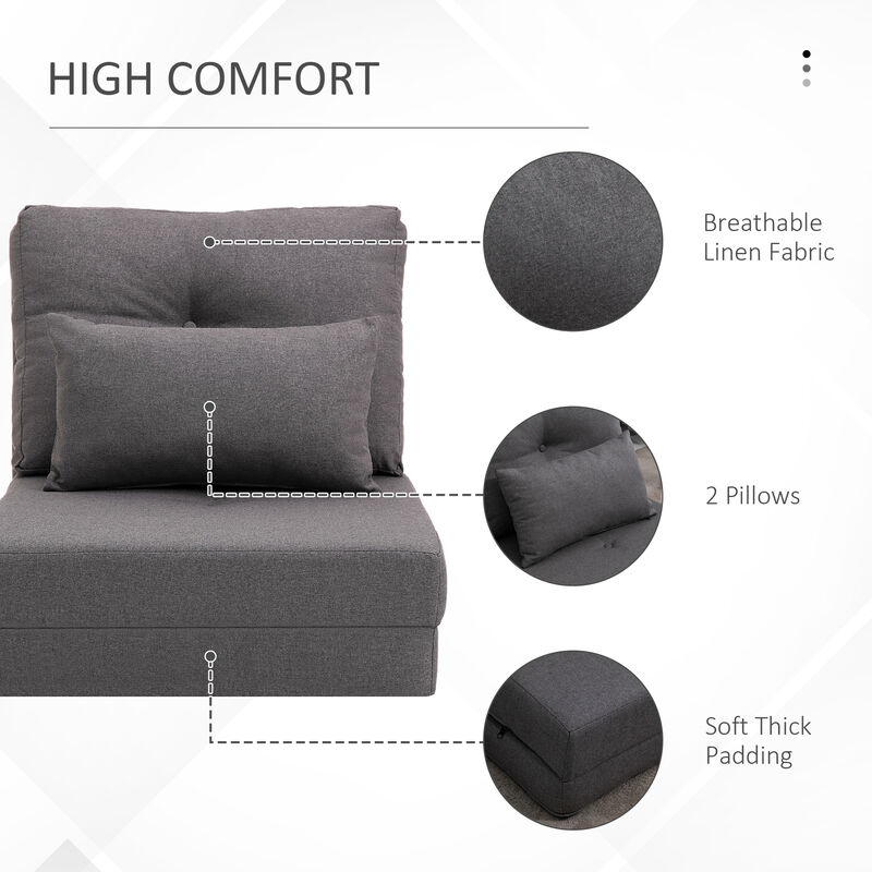 HOMCOM Convertible Flip Chair, Floor Lazy Sofa, Folding Upholstered Couch Bed with Adjustable Backrest, Metal Frame and Pillows for Living Room Bedroom, Dark Grey