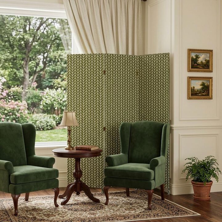 HomeRoots 71" Green Fabric Folding Three Panel Screen Room Divider
