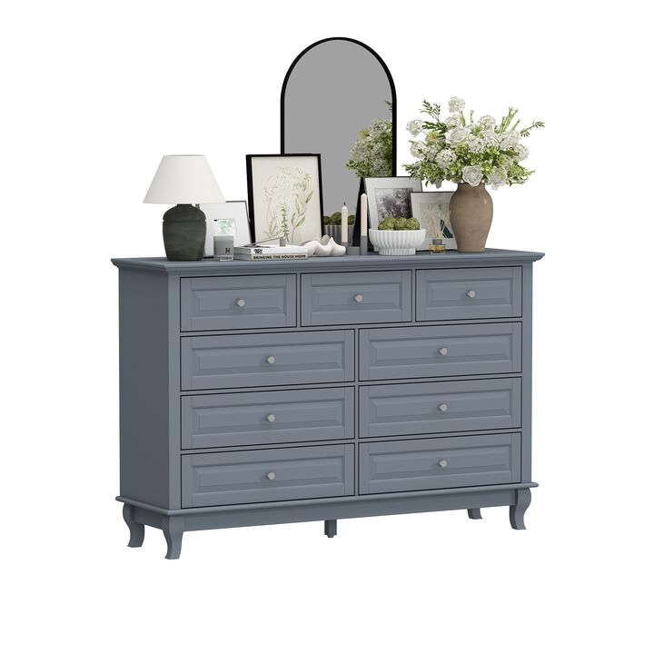 FUFU&GAGA Nine-Drawer Dresser, P2 MDF Construction, Solid Wood Legs, (55.1"W x 15.7"D x 37"H), Light Blue