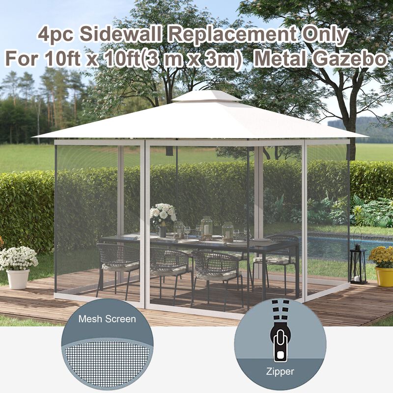 Universal Replacement Mesh Sidewall Netting for 10' x 10' Gazebos and Canopy Tents with Zippers, (Sidewall Only) White