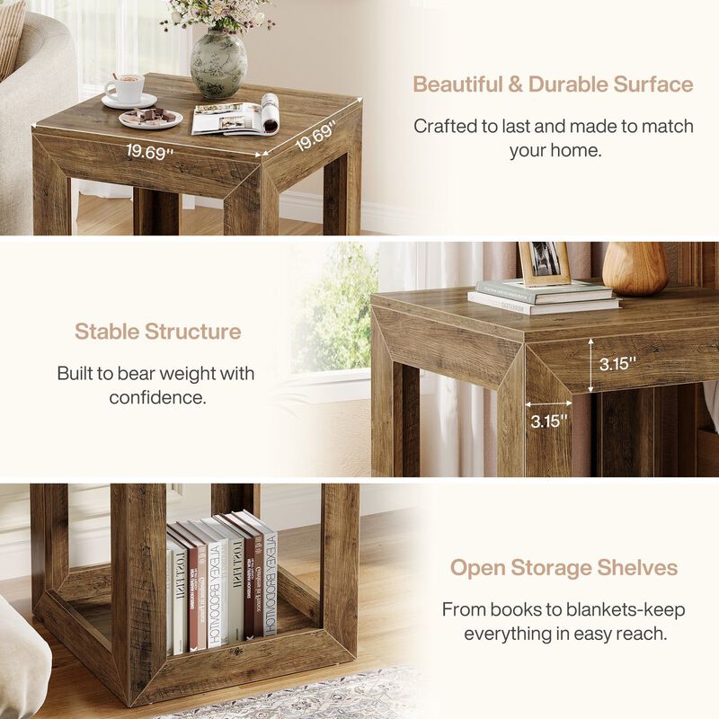 Side Table Nightstand, Square End Table with 2-Tier Storage Shelf-Brown image number 6