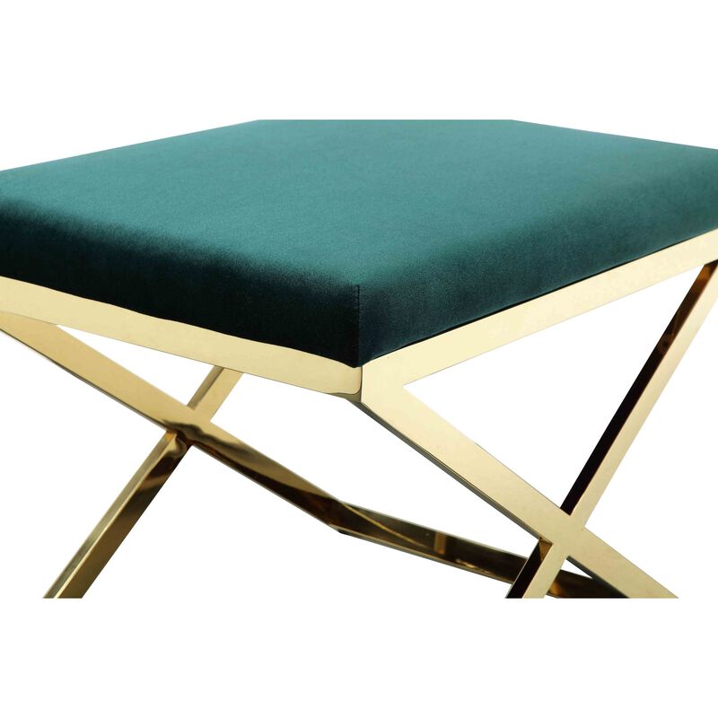 Sovi 24 Inch Accent Stool Ottoman Bench, Plush Green Velvet, Gold X Base - Benzara