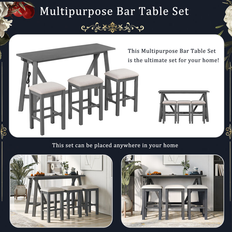 Multipurpose Home Kitchen Dining Bar Table Set with 3 Upholstered Stools