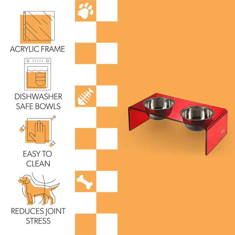 Keaton Modern Acrylic Rectangular Elevated Pet Feeder with Stainless Steel Bowls