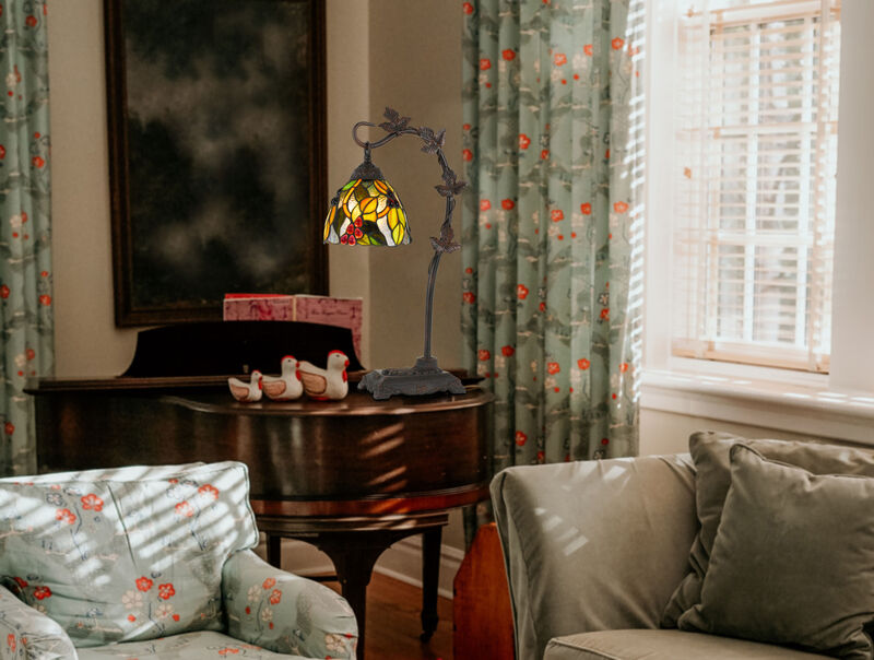 Hivvago 24" Bronze Metal Tiffany Style Table Lamp With Hanging Stained Glass Shade