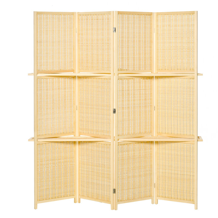 6' Folding Privacy Screen Indoor Room Divider w/ 2 Open Display Shelves, Natural