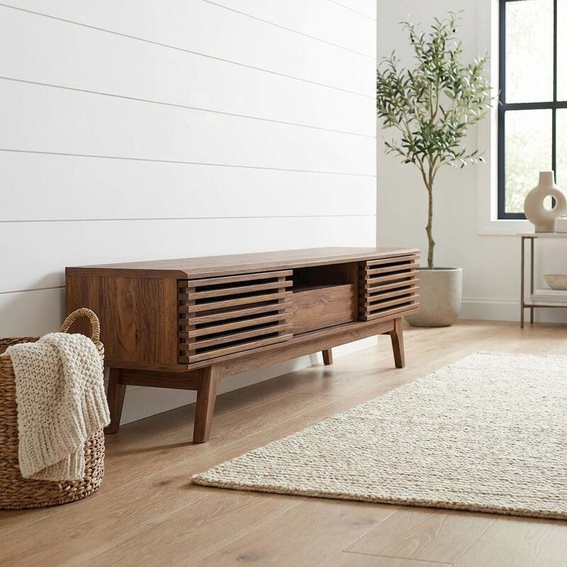 Wooden brown TV stand with spacious surface and modern design image number 3