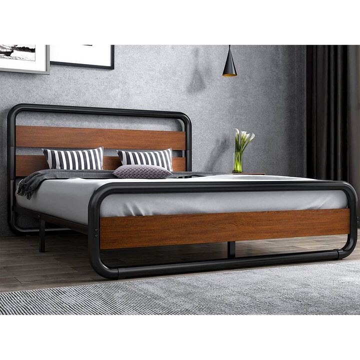 QuikFurn Full Heavy Duty Industrial Modern Metal Wood Platform Bed Frame with Headboard