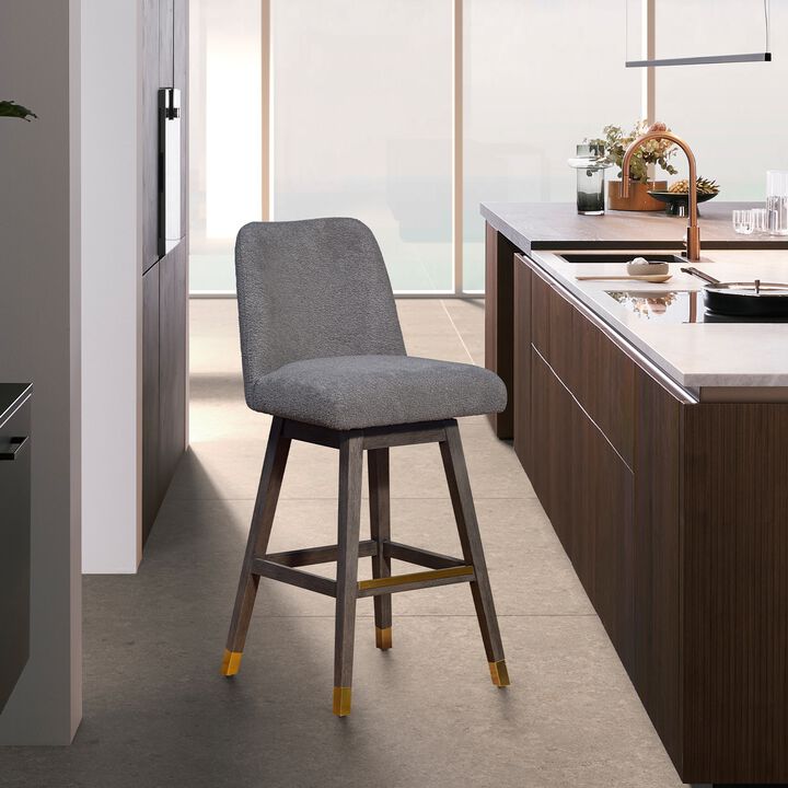 Swivel Bar Stool in Gray Oak Wood Finish with Gray Boucle Fabric
