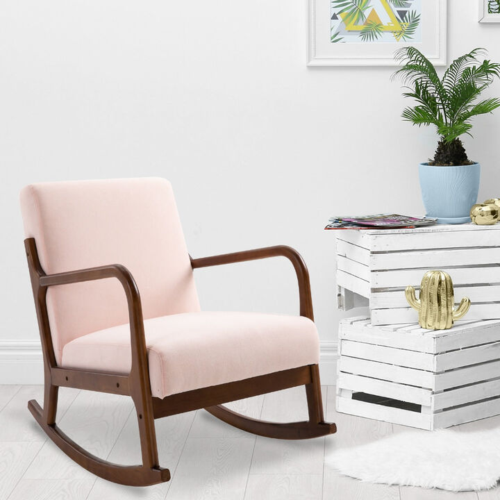 Upholstered Rocking Armchair with Wood Base and Linen Fabric Padded Seat for Living Room, Pink