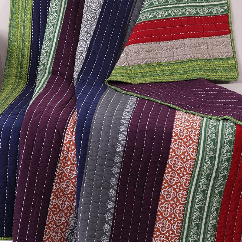 60 Inch Cotton Throw Blanket, Multi Color Stripes, Kantha Hand Quilting - Benzara