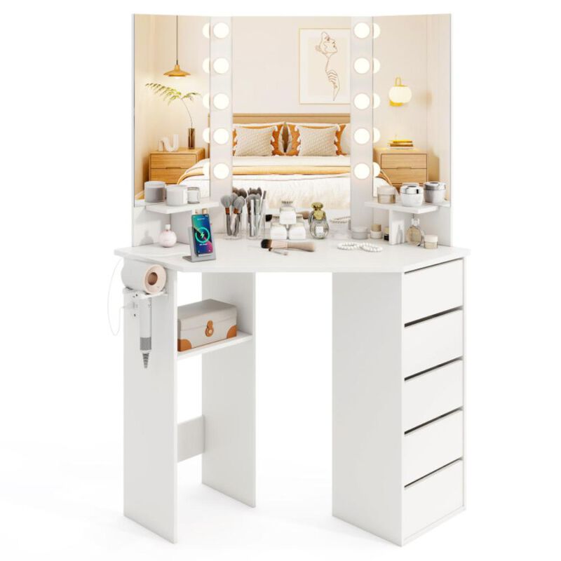 Hivvago Corner Vanity Desk with 3-Color LED Lighted Mirror and Power Outlet
