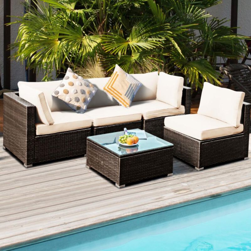 Hivvago 5 Pieces Cushioned Patio Rattan Furniture Set with Glass Table