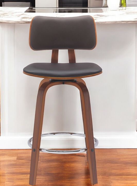 HomeRoots 26" Brown And Wood Brown Faux Leather Swivel Low Back Counter Height Bar Chair
