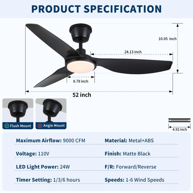 ELEMENT ACE 52 Inch Modern Outdoor Waterproof Ceiling Fan with Integrated Light and Ultra Quiet Energy Efficient Reversible DC Motor for Patio Garden Use image number 2