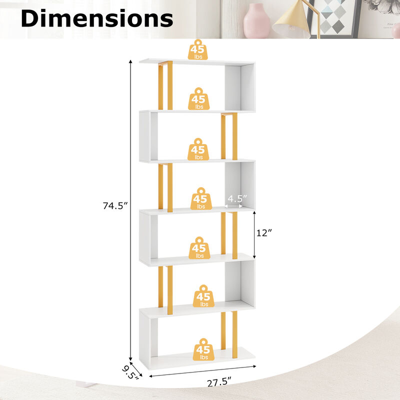 6-Tier Geometric Bookcase with Metal Frame and Dual Anti-Tipping Kits