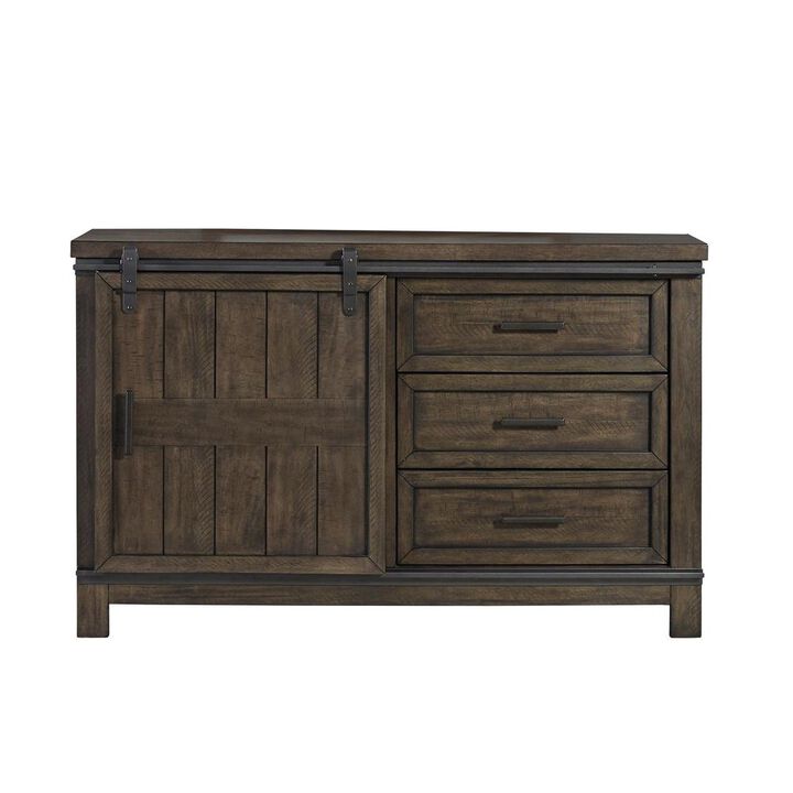 Liberty Furniture Thornwood Hills Barn Door Dresser in Rock Beaten Brown w/ Saw Cuts