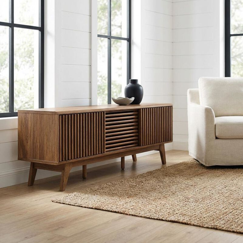 Brown wood TV stand with sleek design and versatile storage solution image number 3