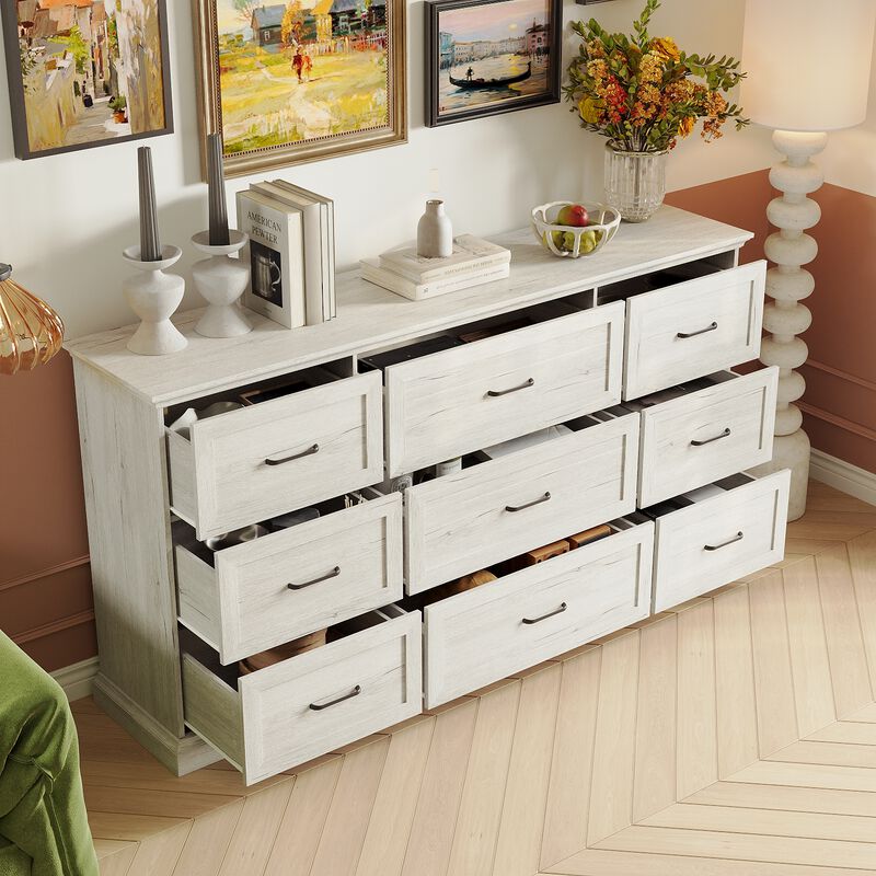 FUFU&GAGA 9-Drawer Dresser, Large Wooden Storage Chest with Black Metal Handles, for Bedroom & Living Room,(70.9" W x 37" H x 15.7" D),Rustic White