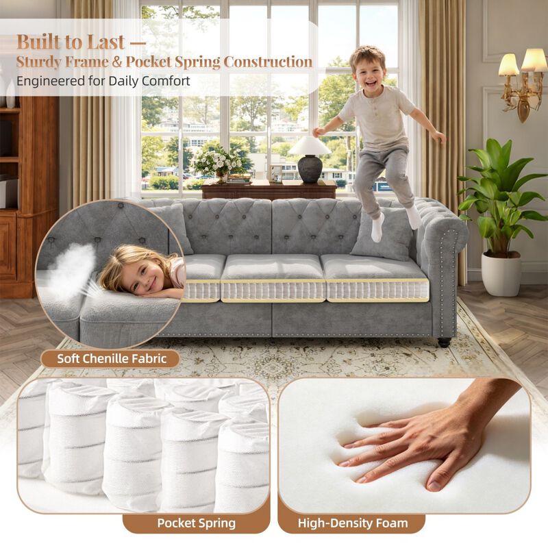 1 piece Chesterfield Sofa tufted design and nailhead trim deep seat comfort sectional sofa, sectional sofa rolled arms home or office, chenille sectional sofa plush cushion image number 5