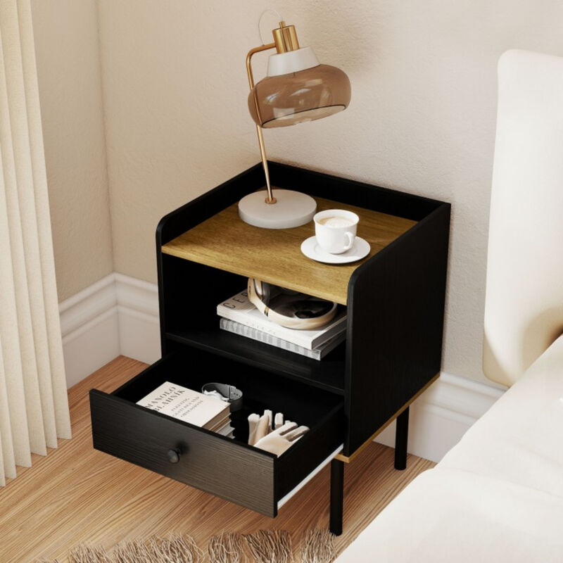 Bedside Nightstand with Storage Drawer and Open Shelf for Bedroom-Black image number 4