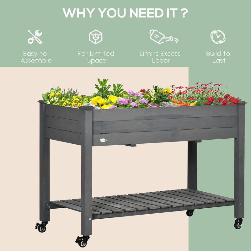 Outsunny Raised Garden Bed, 47" x 22" x 33", Elevated Wooden Planter Box with Lockable Wheels, Storage Shelf, and Bed Liner for Backyard, Patio, Dark Gray
