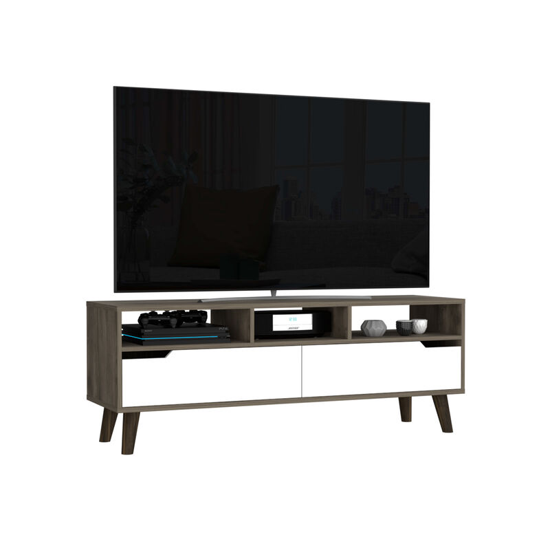 DEPOT E-SHOP Kobe Tv Stand for TV&acute;s up 52", Three Open Shelves, Two Flexible Drawers, Dark Walnut / White image number 3