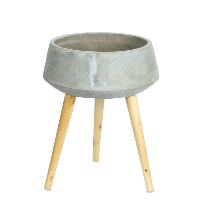 Hivvago Gray Cement And Wood 81 Ounce Round Distressed Pot Planter With Stand