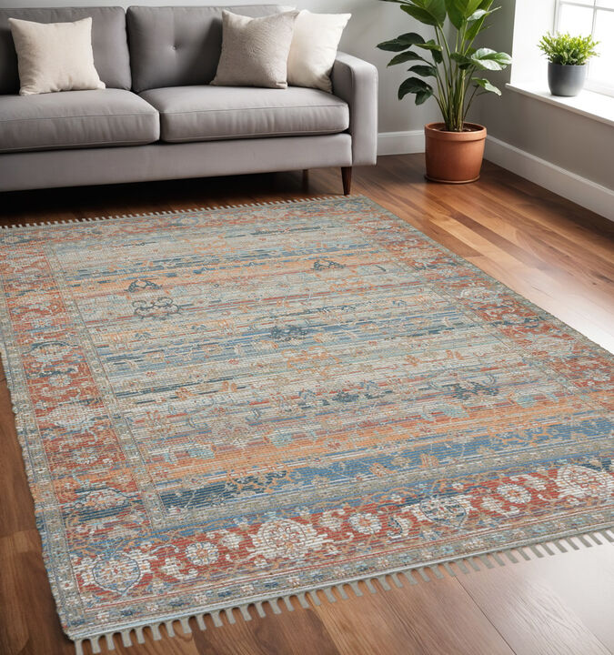 HomeRoots 5' X 7' Blue Brick Red And Ivory Oriental Hand Woven Area Rug With Fringe