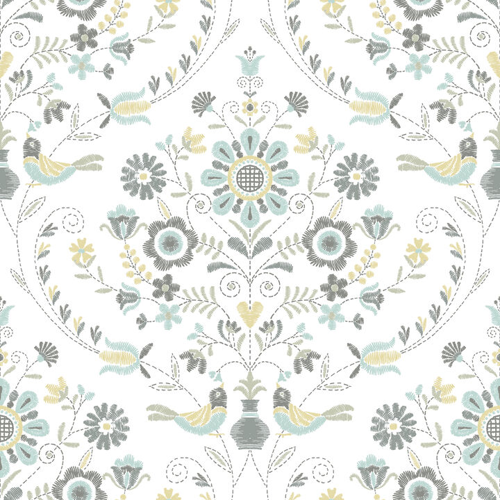 Britt Sea Green Embroidered Damask Wallpaper