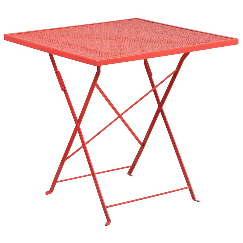 Flash Furniture Oia Commercial Grade 28" Square Coral Indoor-Outdoor Steel Folding Patio Table Set with 2 Round Back Chairs