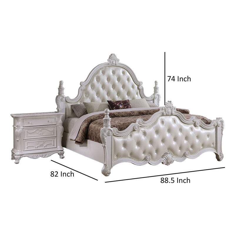 Moni King Bed, White Button Tufted Traditional Upholstery, Solid Wood