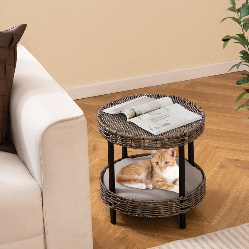 Rattan 2-Tier Cat Nest with Removable Padded Cushion for Home-Grey image number 1