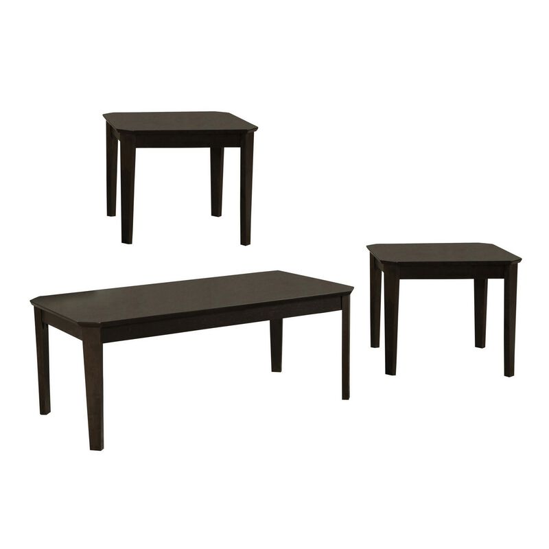 3 Piece Rectangular Coffee and Square End Table Set, Sleek Espresso Brown