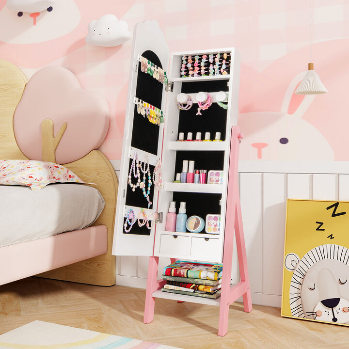 Kids Jewelry Organizer with Full-Length Mirror, Drawers, and Storage Shelves