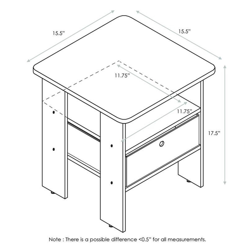 Furinno Andrey Set of 2 End Table / Side Table / Night Stand / Bedside Table with Bin Drawer, Dark Walnut