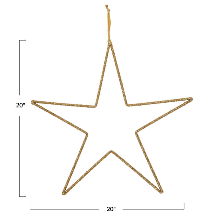 Hanging Metal and Glass Bead Star with Cotton Velvet Ribbon, Gold Finish