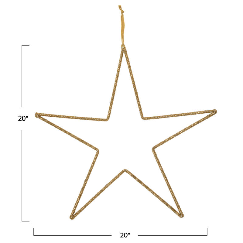 Hanging Metal and Glass Bead Star with Cotton Velvet Ribbon, Gold Finish image number 1